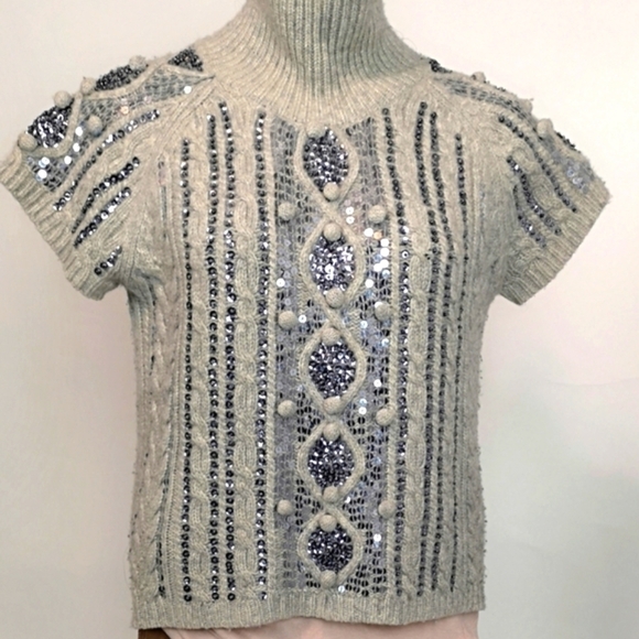 Y2k Vintage Light Grey Pewter Sequins Cable Knit Cap Sleeve Pullover Sweater - Picture 1 of 14
